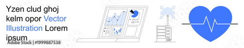 Data management, cloud services, telemedicine, analytics, health monitoring, networking. Laptop with charts, data servers and heartbeat symbol. Data management and telemedicine concept