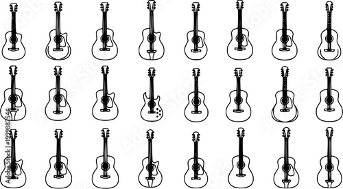 Music Guitars Line Art Icons Set. Black and White Outline Collection of Acoustic and Electric Musical Instruments for Hobby, Entertainment, and Audio Design.