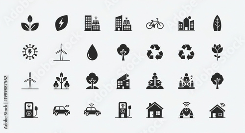 Collection of eco friendly icons representing sustainability and green energy.