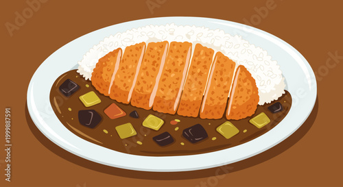 A vibrant vector illustration showcases a classic Japanese katsu curry, featuring a perfectly crispy, sliced breaded pork cutlet served over fluffy white rice and smothered in a thick vegetable gravy