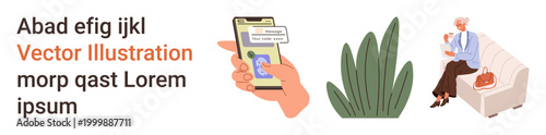Communication, family care, mobile apps, senior living, greenery, digital interaction. A hand holding a phone, a plant an elderly woman with a baby. Communication and family care concept