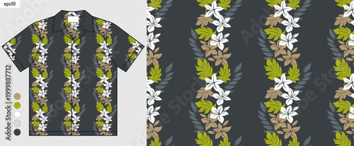 Hibiscus Hawaiian shirt mockup with tropical leaves pattern, summer fashion textile design for beachwear, casual clothing, bright fabric and print ready artwork