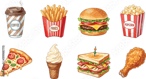 Cartoon Delicious Fast Food Collection Set with Burger Fries Pizza Coffee Popcorn Ice Cream Sandwich and Fried Chicken Vector Illustration on White Background