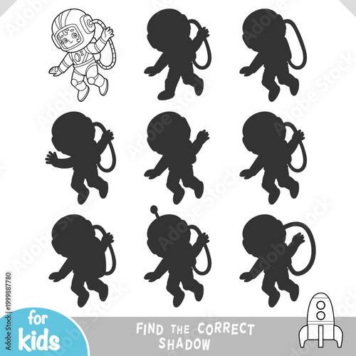 Cute girl astronaut, find the correct shadow educational game. Black and white coloring page worksheet for train logic visual perception and attention for preschool learning