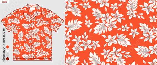 mockup of Hawaiian shirt featuring hibiscus and tropical leaf pattern orange background. summer fashion textile design for beach wear, casual wear printable artwork.