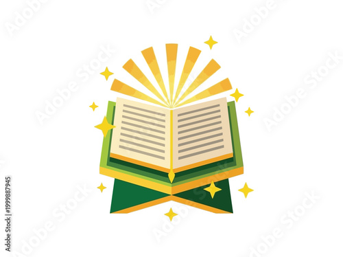 Open Quran on Wooden Stand with Golden Light Rays and Stars for Islamic Education