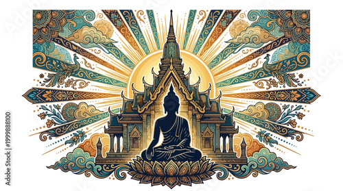 Meditating Buddha statue silhouette in lotus position.