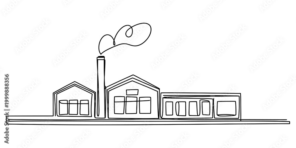 Obraz premium Continuous single line drawing of an industrial factory building with a smoking chimney for manufacturing or production concepts in a simple minimal style Vector, illustration
