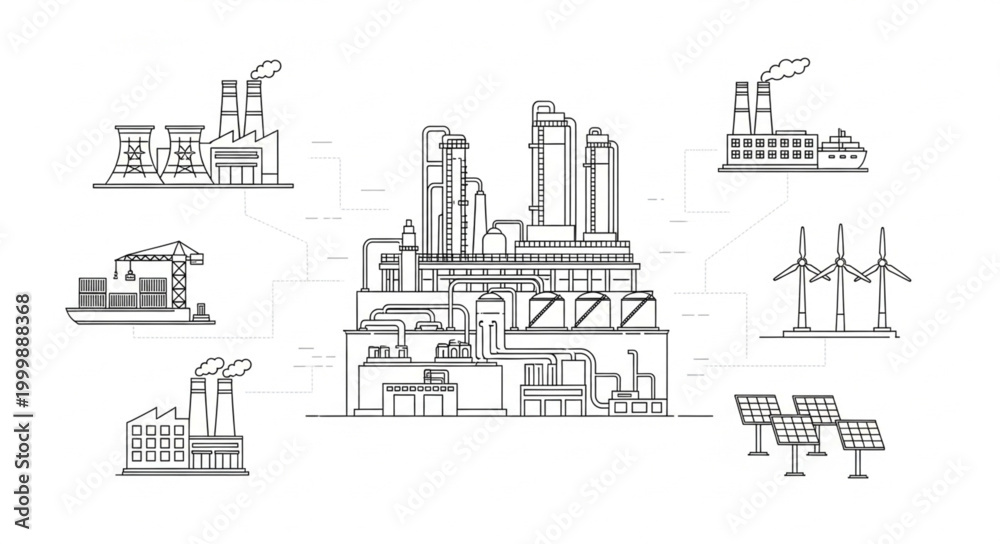 Naklejka premium Industrial factory complex with solar panels and wind turbines illustration.