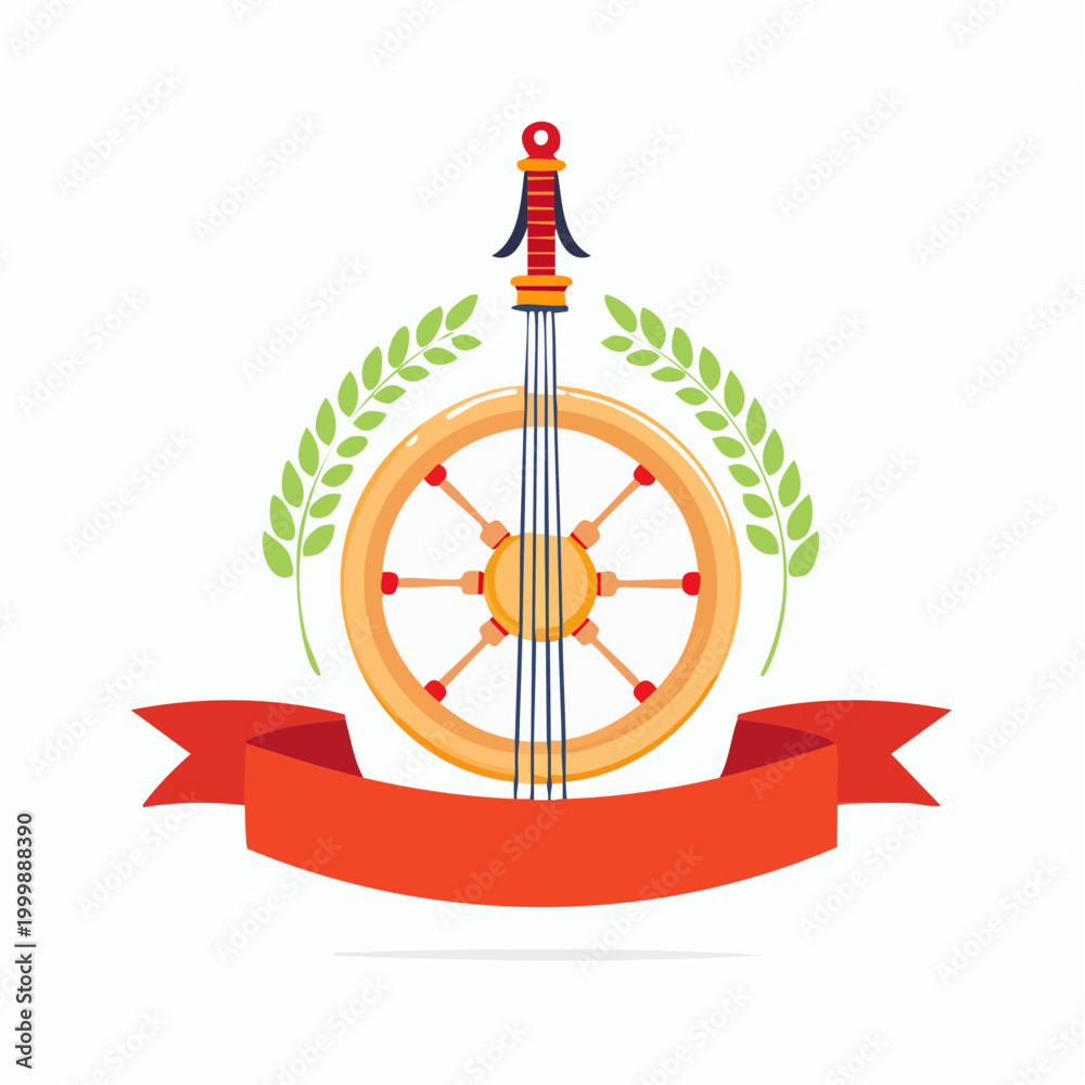 Fototapeta premium Traditional Musical Instrument with Laurel Wreath and Ribbon