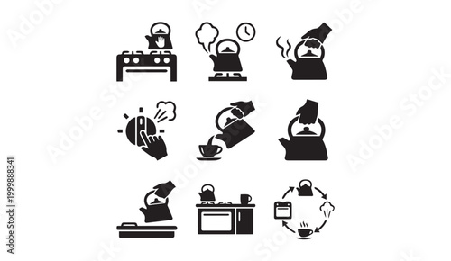 Slika na platnu Kettle water boiling and tea making icon set with beverage appliance pictogram