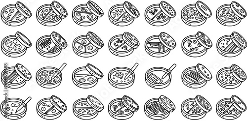 Black and White Line Art Vector Icons of Petri Dishes for Microbiology Research and Science