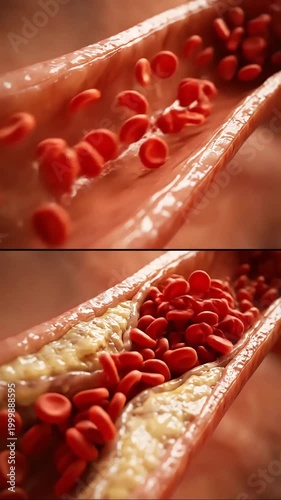 Dynamic visualization of healthy blood flow versus reduced flow in an artery with developing atherosclerosis plaque, medical concept