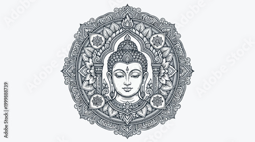 Minimalist hand drawn line art illustration of a meditating Buddha figure centered inside a Bodhi leaf.