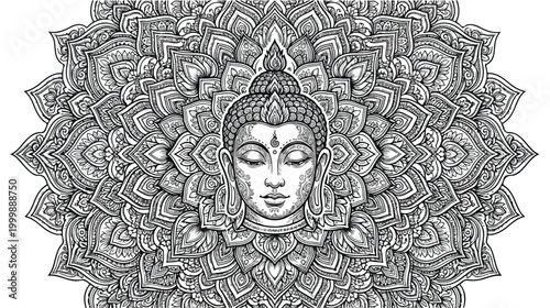 Minimalist hand drawn sketch of a Bodhi leaf with a meditating Buddha silhouette.