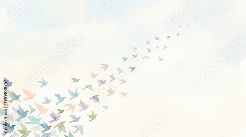 Gentle watercolor birds ascend gracefully through a peaceful light blue and yellow sky