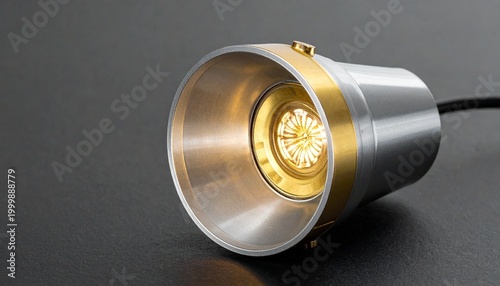 A sleek metallic spotlight with gold accents, symbolizing illumination, design, and craftsmanship.