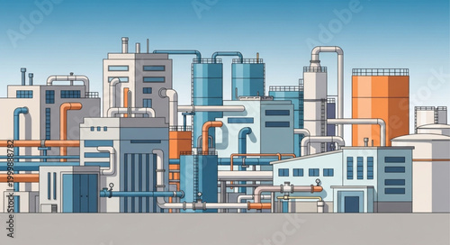 Modern Industrial Factory Buildings With Pipes And Tanks.