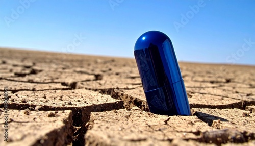 A glossy blue capsule on cracked desert ground, symbolizing contrast between technology and barren nature.