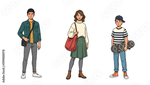 Diverse Young People in Casual Outfits Illustration Set. Modern Youth Fashion & Lifestyle Vector Art.