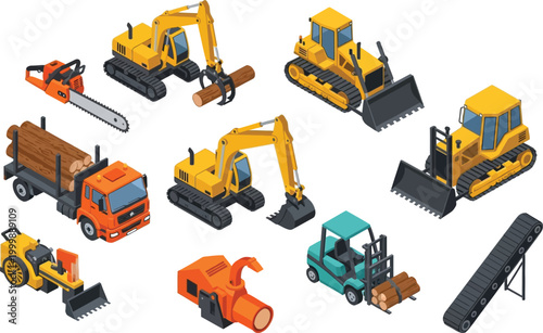 Isometric Forestry and Logging Equipment Collection Featuring Heavy Machinery Excavators Trucks and Industrial Wood Processing Tools for Construction and Timber Industry Projects