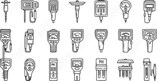 Black and White Line Art Icons of Soil Testers and pH Meters for Agriculture, Gardening, and Environmental Measurement Equipment