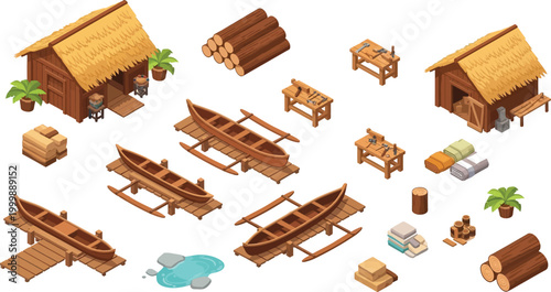 Isometric Wooden Village Construction Set Featuring Traditional Huts Boats Docks And Lumber Supplies For Game Design And Digital Environment Building Projects