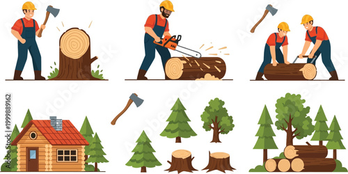 Lumberjack Workers and Forestry Industry Elements Set Featuring Woodcutters with Axes and Chainsaws Near Wooden Cabin and Forest Trees Vector Illustration