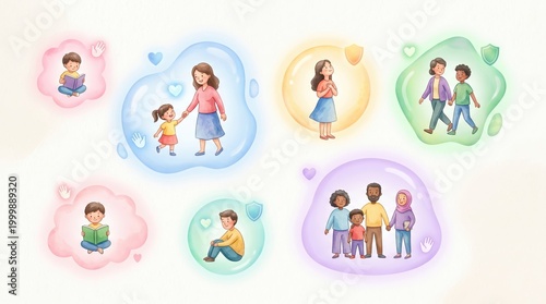 Various individuals and families supported and secure in colorful, abstract protection zones