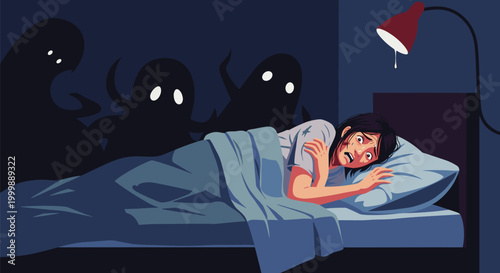 Scared young girl in bed hiding from spooky shadow monsters with glowing eyes in dark bedroom during night time.