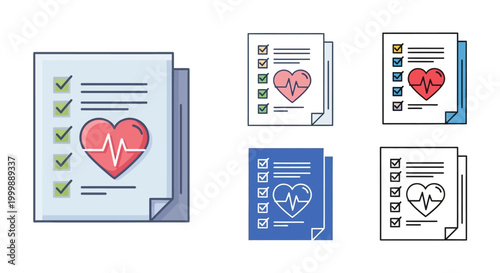 Set of medical heart health checkup report icons.