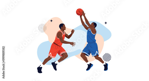 Two basketball players in red and blue uniforms competing for ball on court with dynamic abstract background shapes.