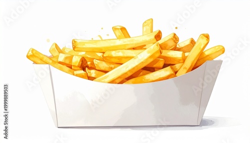 Golden French fries in a white paper container, symbolizing fast food, snack, and casual dining.