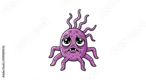 Sad purple monster with many tentacles and big expressive eyes showing sorrow and grief in cartoon character design.