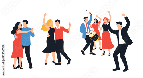 Groups of happy diverse people celebrating and dancing together at party or social event on plain white background.
