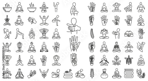 Set of Hand Drawn Yoga and Meditation Wellness Icons.