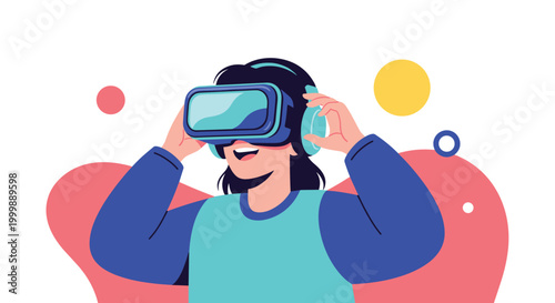 Excited young woman wearing virtual reality VR headset and headphones experiencing immersive digital game or video content.