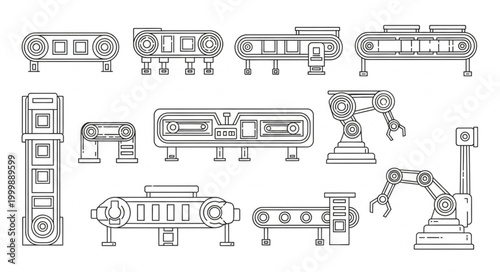 Industrial conveyor belt and robotic arm illustrations.