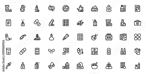 Medicine icon set. Medical vector icon pack. Minimal pharmacy icons. Featuring cream, antiseptic, pills, syringe, first aid, antibiotics, vitamins, herbal remedies, and more. Editable stroke.