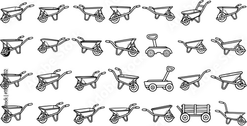 Gardening and Construction Wheelbarrows and Carts Vector Line Art Icons Set. Outline collection of hand trucks, utility wagons, and garden equipment.