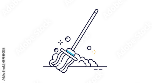 Simple line art illustration of a cleaning mop with soap bubbles and sparkles indicating a very clean and fresh floor.