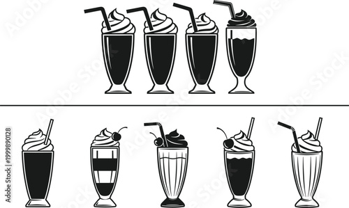 Milkshake and smoothie glasses set with whipped cream straws and toppings isolated black vector illustration collection