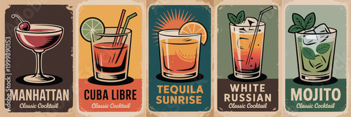 Classic cocktail posters Manhattan Cuba Libre Tequila Sunrise White Russian Mojito, vintage bar menu art collection, retro drink recipe illustration set, elegant nightlife and mixology concept design