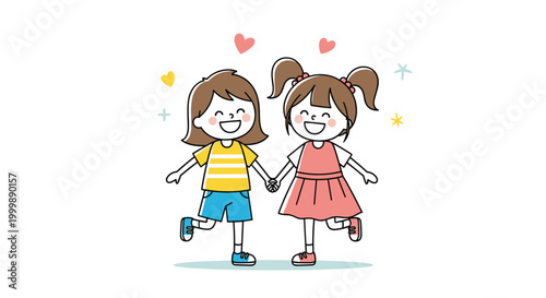 Two joyful young girls with pigtails holding hands and jumping with happiness surrounded by colorful hearts and stars.