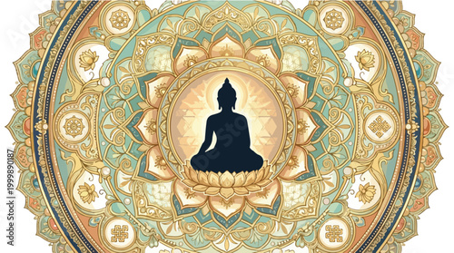 Continuous line drawing of Buddha meditating in lotus pose with halo.