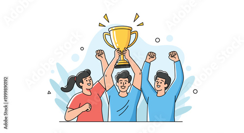 Group of triumphant young people celebrate their victory by lifting a large golden trophy cup high into the clear air.