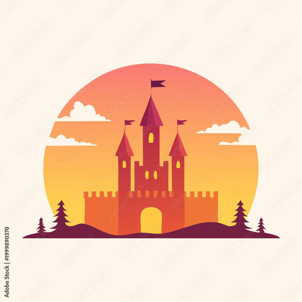 Obraz premium Fairytale Castle Silhouette Against a Vibrant Sunset with Pine Trees