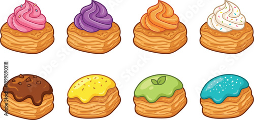 Cute Cartoon Colorful Cream Puff and Choux Pastry Collection Set with Different Frosting Flavors and Toppings Vector Illustration on White Background