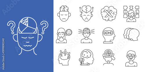 Brain health icons mental health awareness and cognitive function illustrations