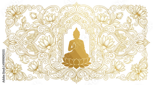Minimalist outline drawing of a seated Buddha in meditation.